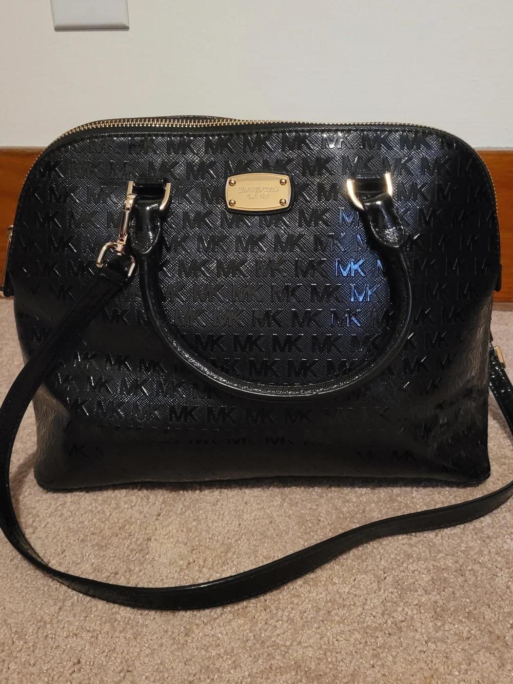 Michael Kors Black Patent MK Monogram Satchel Shoulder Bag Gold Hardware